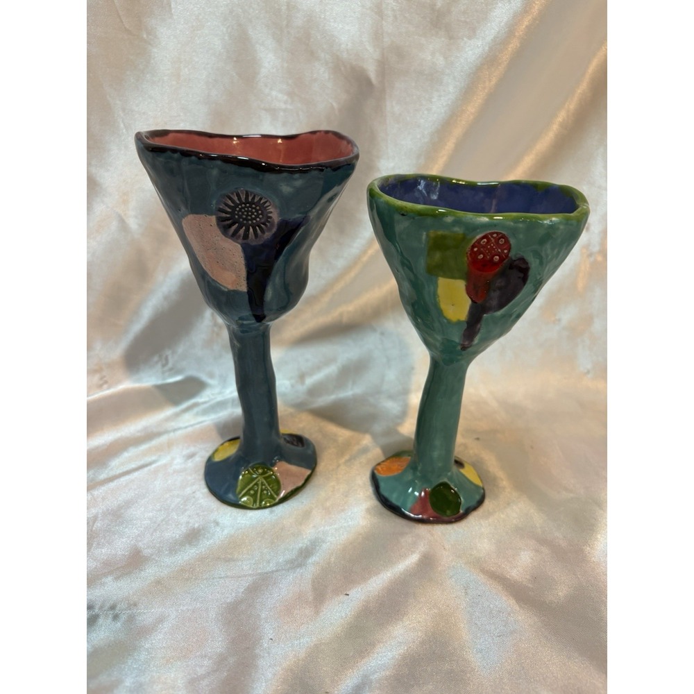 Handmade Whimsical Pottery Signed goblets